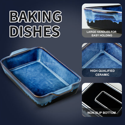 3pcs Bakeware Set, Ceramic Baking Dish Set, Rectangular Casserole Dish Set, Lasagna Pan, Baking Pans Set for Cooking, Cake Dinner, Kitchen, 9 X 13 Inches, Reactive Glaze 3pcs (Nebula Blue) KOOV