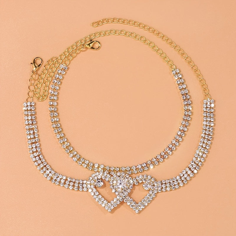 2pcs Trendy Style Double Heart Rhinestone Decor Anklets, Shiny Multi Layer Double Heart Crossed Anklets, Foot Chain Jewelry Accessories