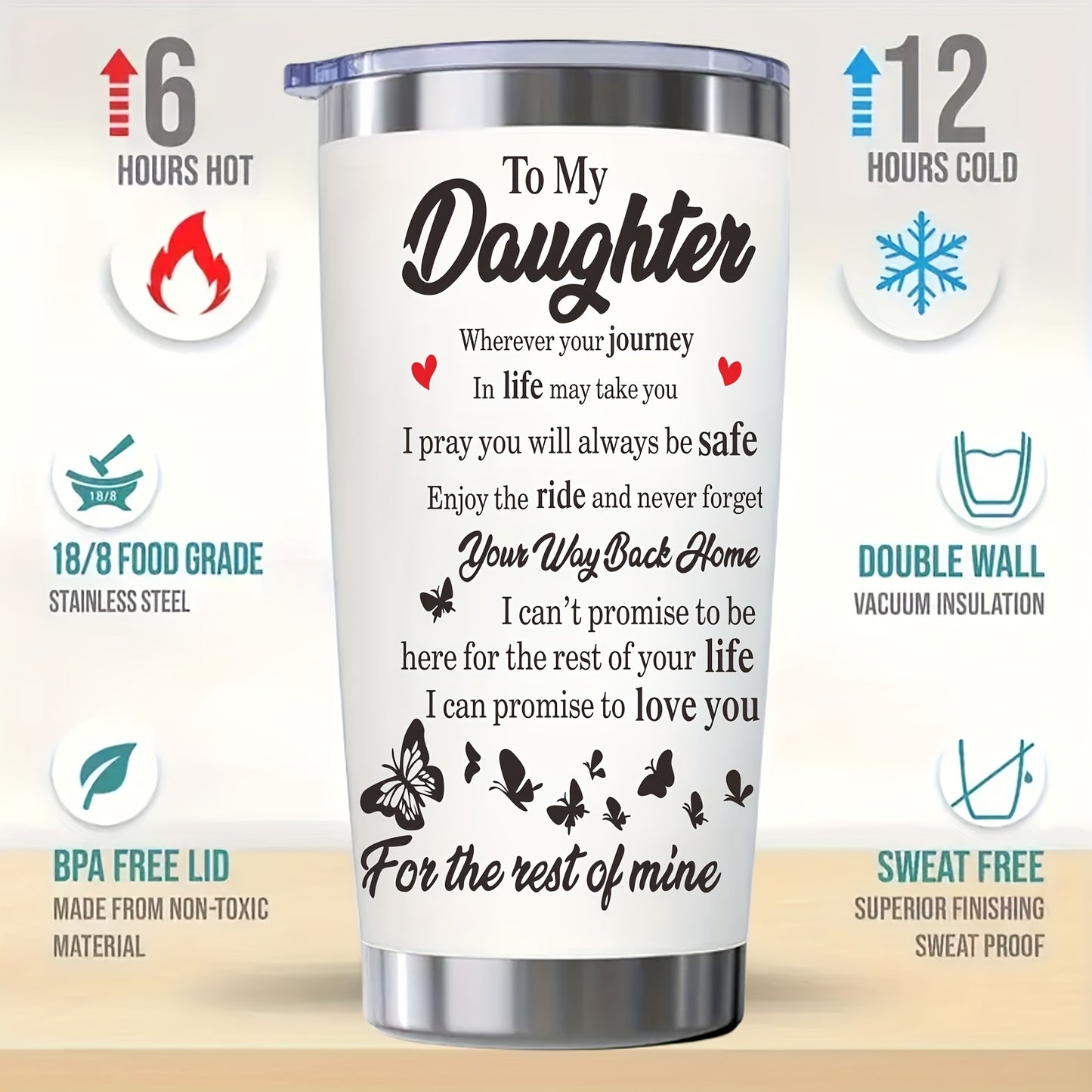 1pc, Personalized "To My Daughter" Insulated Stainless Steel Water Bottle - 20oz, Keeps Drinks Hot/Cold, Durable, Leak-Proof, BPA-Free, Summer/Winter Drinkware, Outdoor Travel Accessory, Unique Valentine's Day Gift for Girls