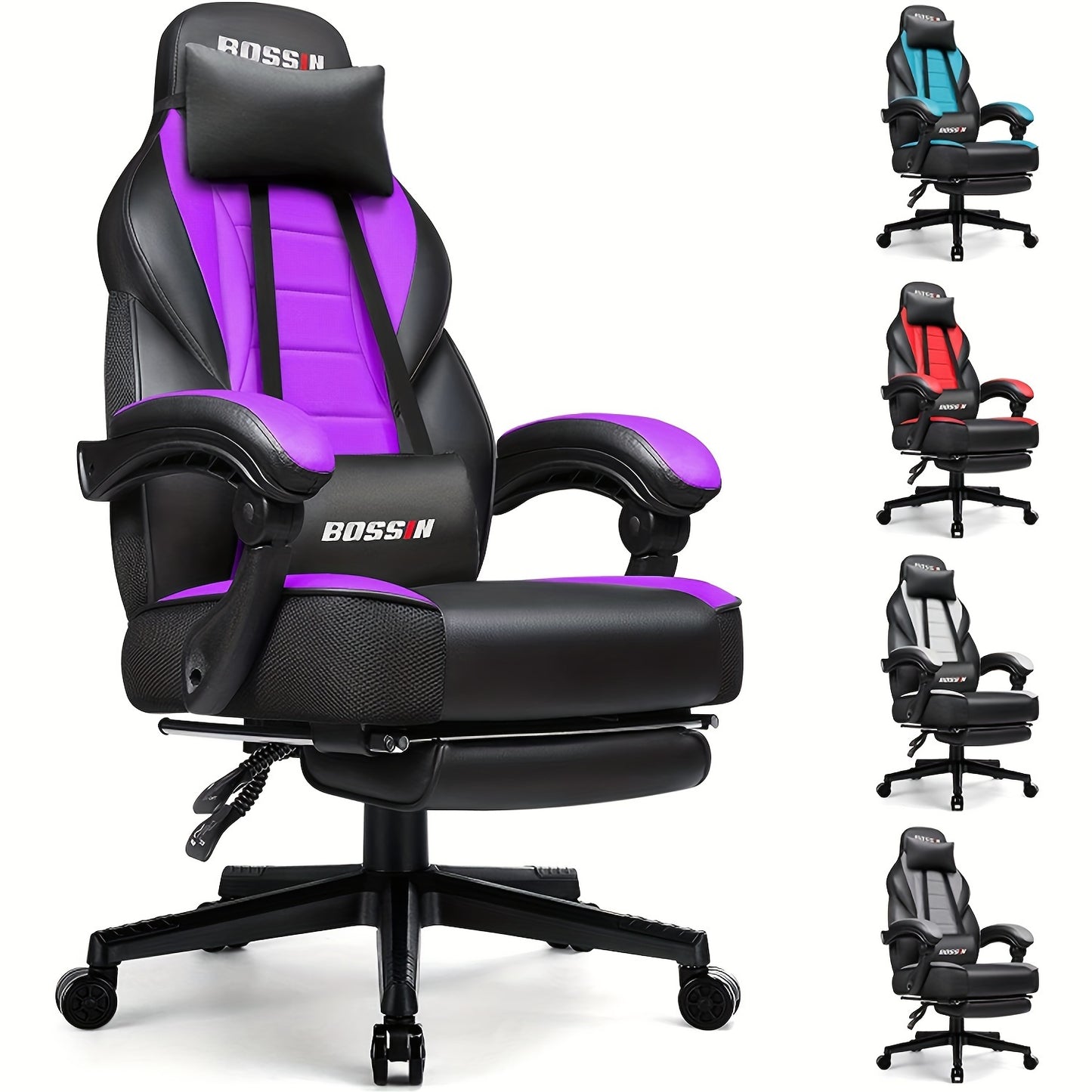 BOSSIN Gaming Chair With Massage, PU Leather Computer Desk Chair With Footrest And Headrest, Ergonomic Heavy Duty Design, Large Size High-Back E-Sports - For Gamers - Suitable for Long Hours of Gaming - Perfect Gift for Gamer