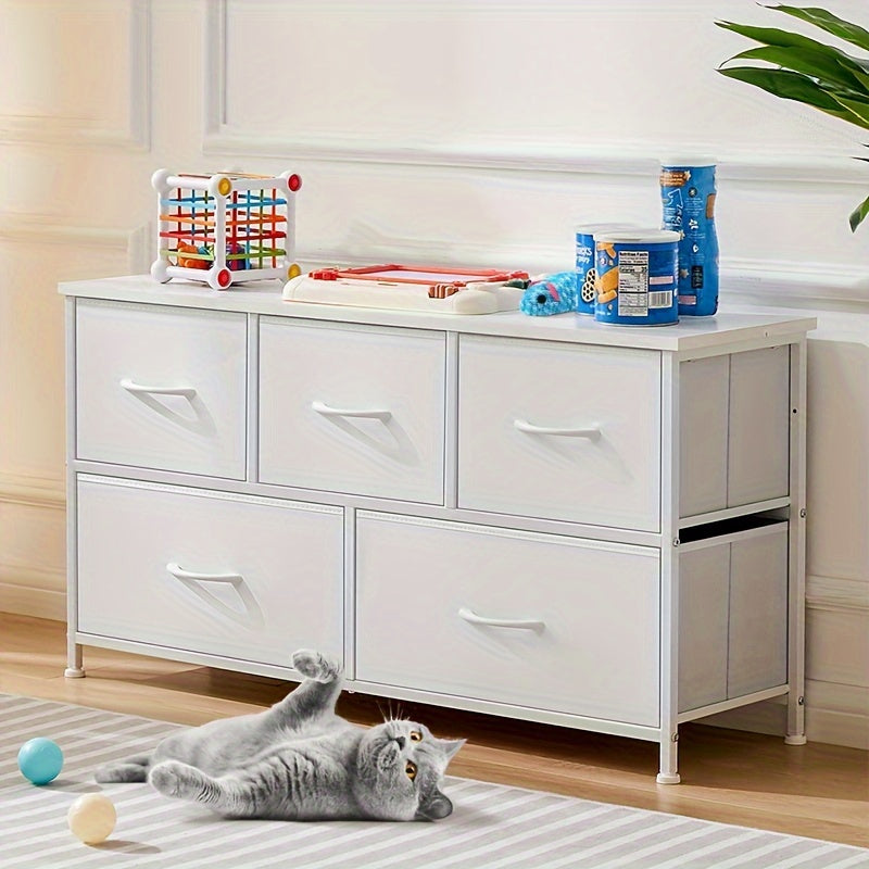 5 Drawers Pet Storage Furniture, Fabric Drawer Storage Cabinet for Pet Toys, Cloths, Foods, Storage Chest Organizer Units, Chest of Drawers with Fabric Bins, Metal Frame, Lightweight, Wear-Resistant for Dog Cat Pet Use
