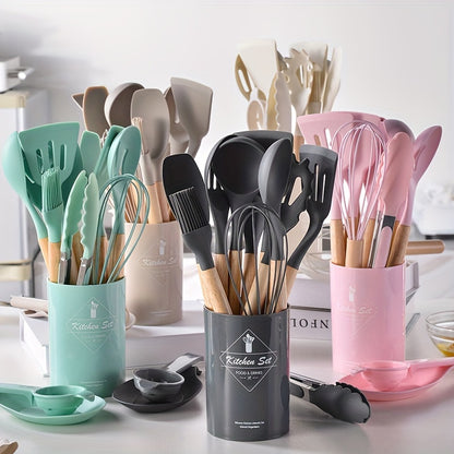[Non-stick Pot Baking Set] Brodark 12pcs Set, Wooden Handle Silicone Kitchenware Set, Kitchen Baking Cooking Tools Set High Temperature Resistant Non-stick Pot Special Kitchenware, Kitchen Stuff Baking Supplie