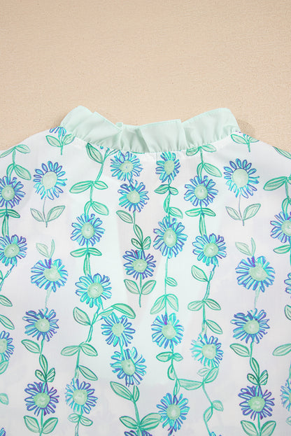 Green Floral Print Striped Detail Contrast V Neck Patchwork Flutter Sleeve Blouse