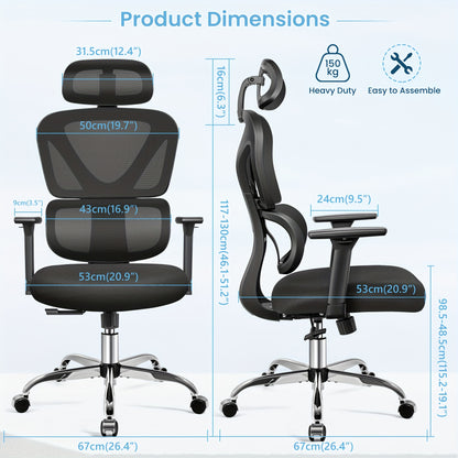 KERDOM Ergonomic Office Chair, Home Desk Chair, Comfy Breathable Mesh Task Chair, High Back Thick Cushion Computer Chair with Headrest and 3D Armrests, Adjustable Height Gaming Chair