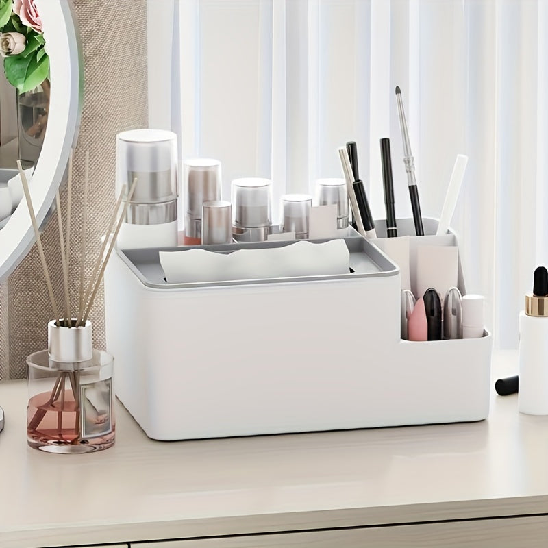 Multi-Purpose Desktop Organizer with Flip Lid - Plastic Wipes Dispenser, Tissue Box Holder for Office, Bedroom, Bathroom & Kitchen Storage