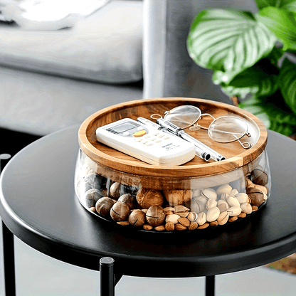 Double Layer Wooden Trays - 1pc Glass Bowl Nuts Fruits Food Container For Cereals - Candy Jars With Wooden Lid Home Kitchen Storage Supplies