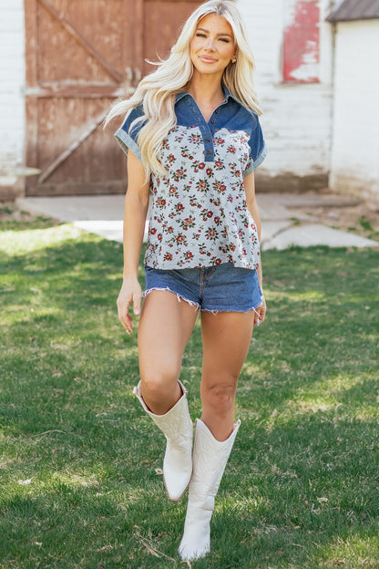 Gray Retro Floral Print Denim Patchwork Buttoned Polo Collar Top