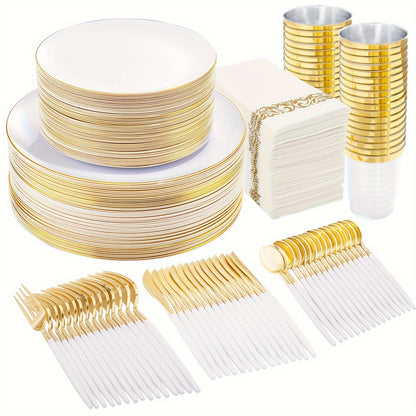 700pcs Golden Disposable Dinnerware Set, White Plastic Plates, Disposable Heavy Duty Tableware Set, Include 100 Golden Dinner Plates, 100 Dessert Plates, 300 Rolled Napkins With Golden Plastic Cutlery, 100 Plastic Cups, Party