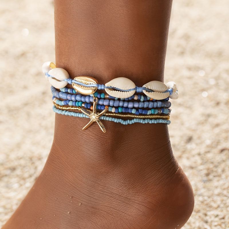 6pcs Set Unisex Glass Bead Anklets with Faux Shell & Starfish Pendants, Random Size & Quantity, Simple Vacation Style, Summer Beach Foot Jewelry for Daily & Holiday Wear