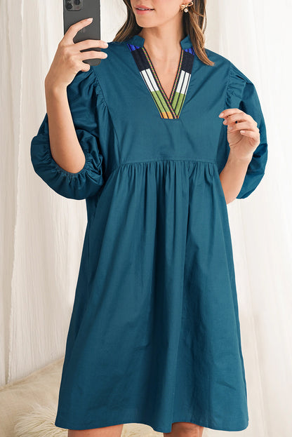 Blue Sapphire Colorblock Split V Neck Puff Sleeve Mini Dress