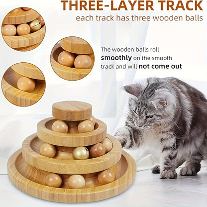 [Interactive Cat Ball Track] 3 Layer Tower Interactive Cat Ball Track | Natural Bamboo Wood with 9 Detachable Balls, Teasing Stick, DIY Circle Toys - Suitable for Kitten's Self-Hi, Boredom, Exercise, Educational Pet Toys