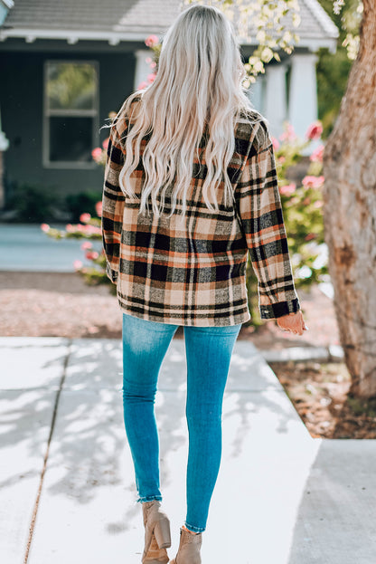 Fiery Red Geometric Plaid Print Pocketed Shacket