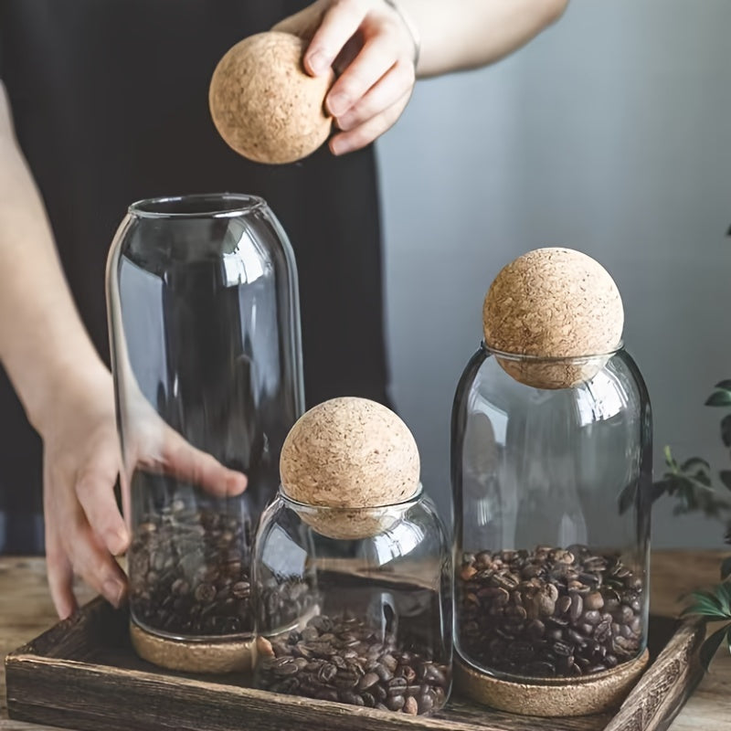 3pcs Cork-Topped Borosilicate Glass Jars with Wooden Balls, Transparent Spice Containers for Seasonings, Coffee, Beans & Kitchen Storage – Dishwasher-Safe Food-Grade Airtight Seal, Affordable Price, Food Preservation, Coffe