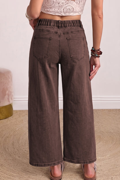 Coffee Solid Color Square Patch Pocket Ankle-length Barrel Jeans