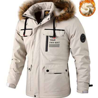 Men'S Winter Windbreaker Jacket with Warm Hood - Maroon Zip-Up Outdoor Coat, Stand Collar, Multiple Pockets, Casual Sporty Design for Cold Weather, Winter Jacket