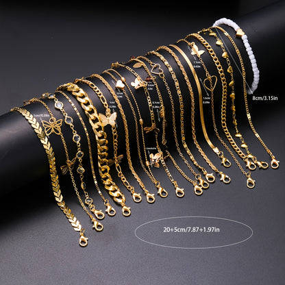 18-Piece Fashionable Simple Elegant Charm Anklets Set - Zinc Alloy Multi-Design Heart Butterfly Bead Chain Snake Chain Airplane Ball Chain Metal Anklets for Beach Party Vacation Casual Wear