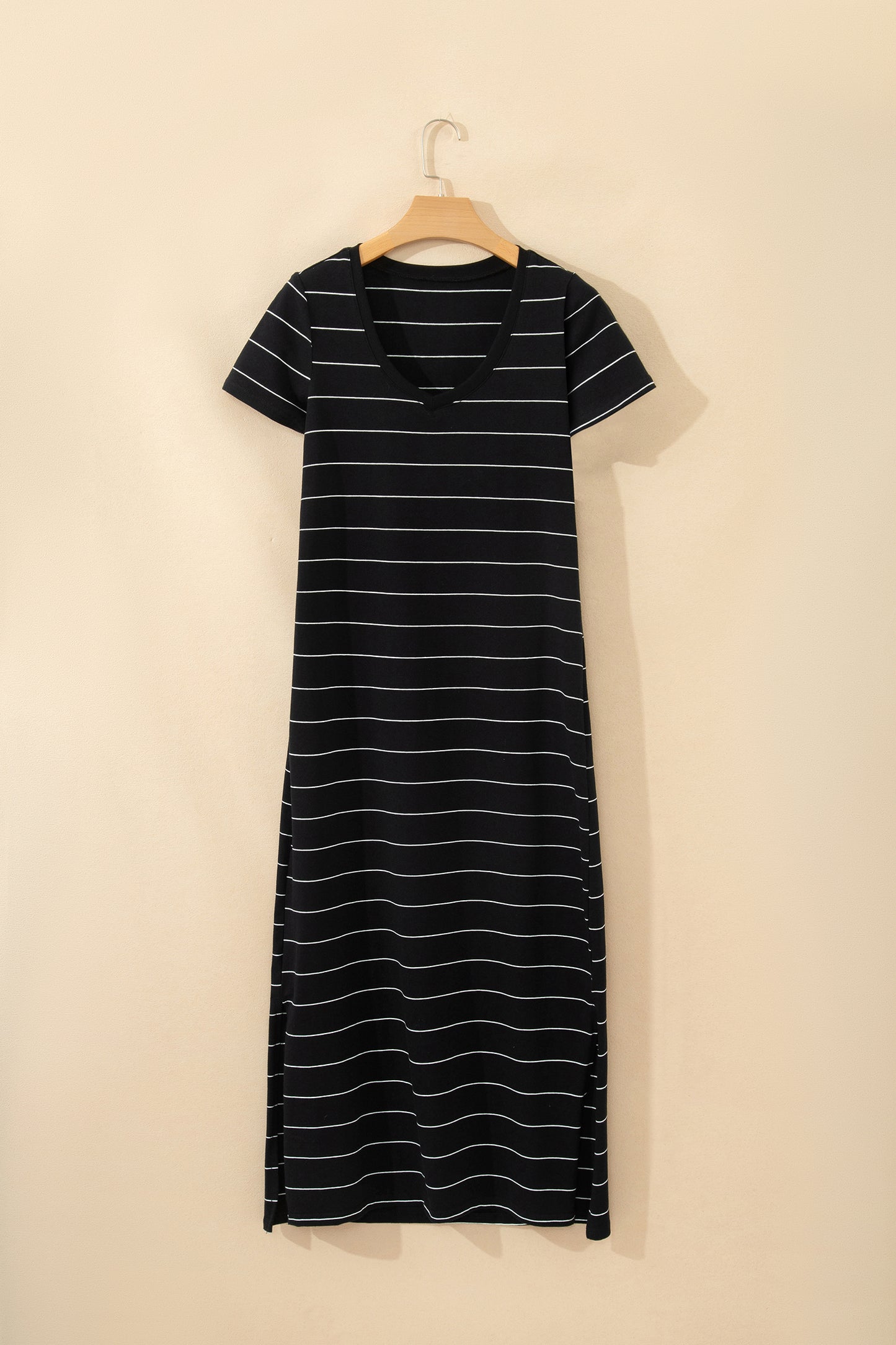 Black Stripe Casual Short Sleeve Side Slit Maxi T Shirt Dress