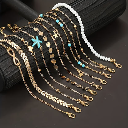 Set Of Multiple Bohemian Style Golden Starfish Pearl Anklets For Girls To Wear During Summer Vacation Outings
