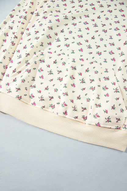 Beige Floral Print Hooded Long Sleeve Plus Size Set