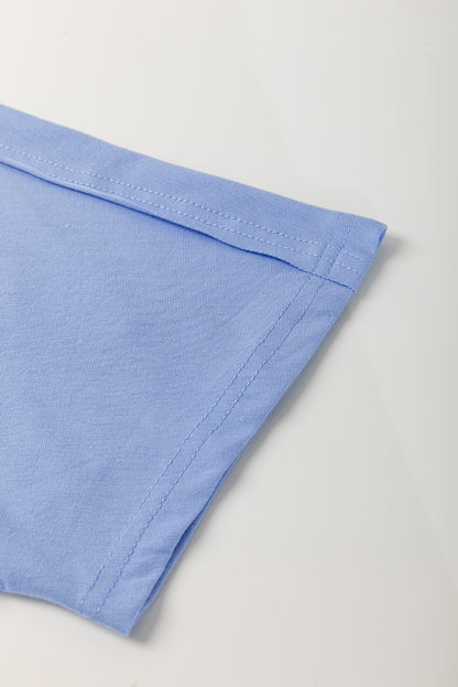 Sky Blue Flower Patched Exposed Stitching Trim Crew Neck Loose Tee
