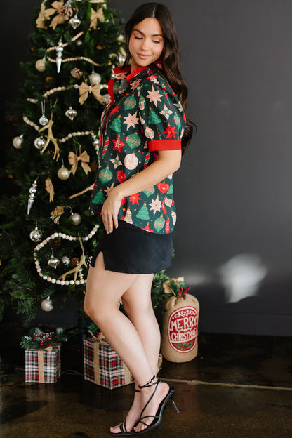 Green Christmas Fashion Print Contrast Trim Frilled Neck Short Sleeve Blouse