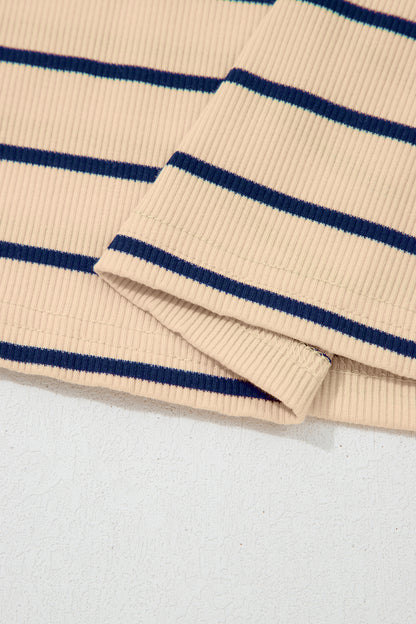 Khaki Stripe Mock Neck Short Sleeve Loose Top