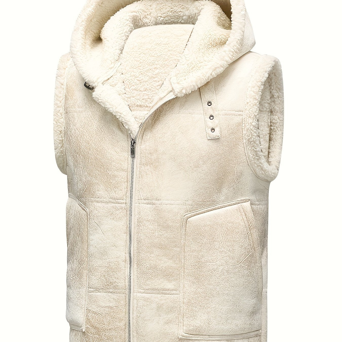 Men's Fleece-Lined Hooded Vest - Stylish Sleeveless Jacket with Zipper Pockets, Warm & Windproof for Casual Winter Wear, Olive Green, Daily Comfort Vest | Hooded Jacket | Functional Pockets