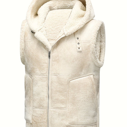 Men's Fleece-Lined Hooded Vest - Stylish Sleeveless Jacket with Zipper Pockets, Warm & Windproof for Casual Winter Wear, Olive Green, Daily Comfort Vest | Hooded Jacket | Functional Pockets