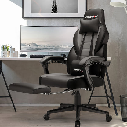 BOSSIN Gaming Chair With Massage, PU Leather Computer Desk Chair With Footrest And Headrest, Ergonomic Heavy Duty Design, Large Size High-Back E-Sports - For Gamers - Suitable for Long Hours of Gaming - Perfect Gift for Gamer