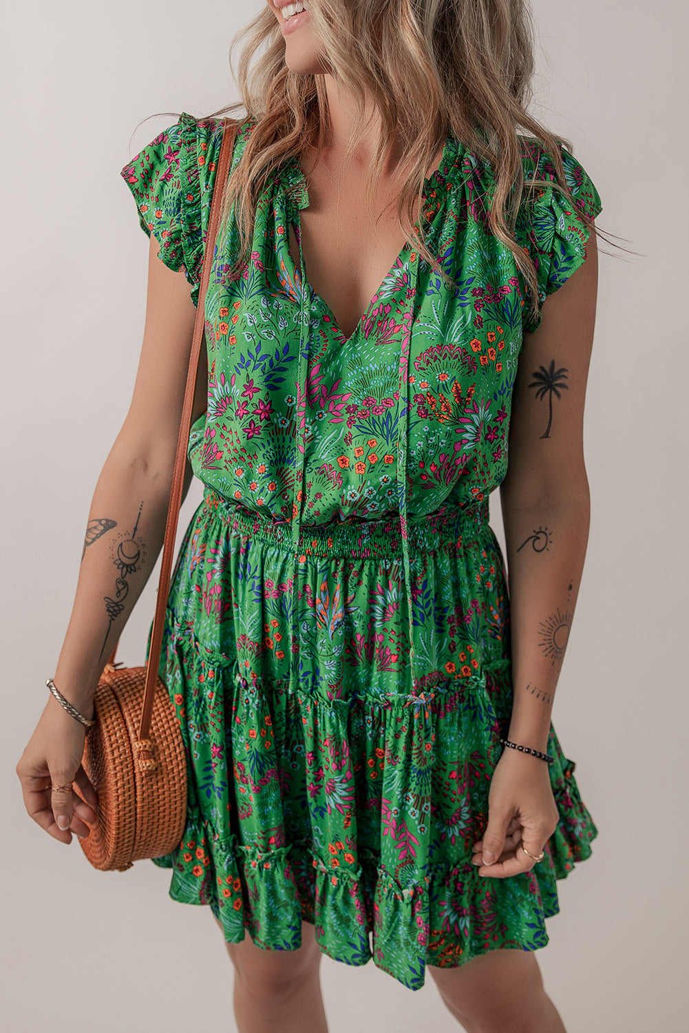Green Floral Tie Split Neck Frilly Ruffle Trim Tiered Short Dress