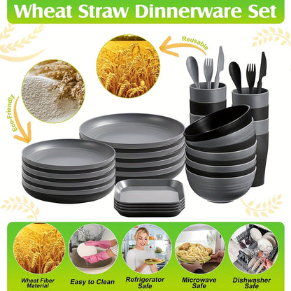 64pcs/set Wheat Straw Unbreakable Dinnerware Set - Durable, Reusable, Dishwasher Safe Tableware for Indoor/Outdoor Use - Includes Plates, Bowls, Mugs, Cutlery in Beige Color