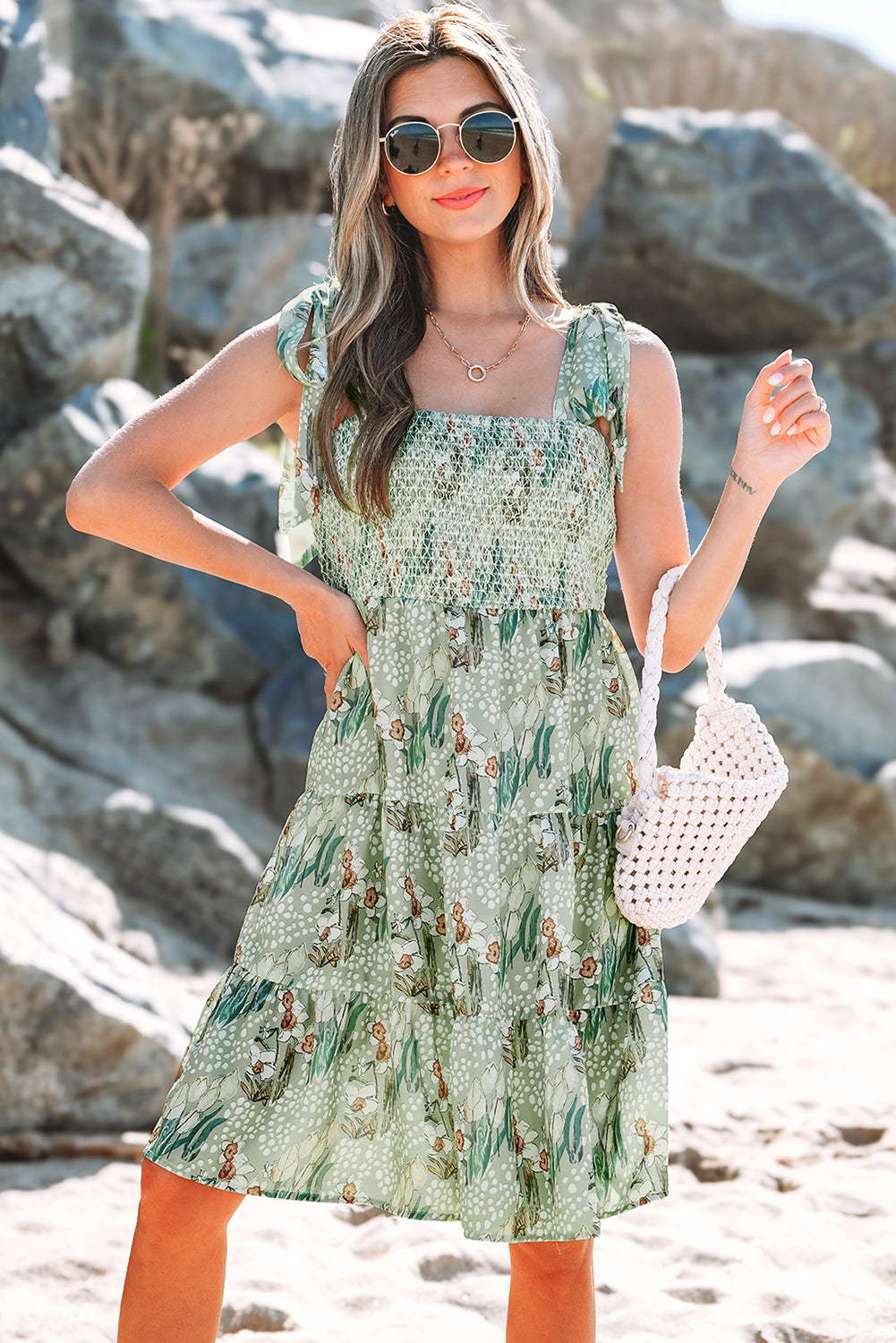 Gray Floral Knotted Strap Smocked Tiered Ruffle Mini Dress