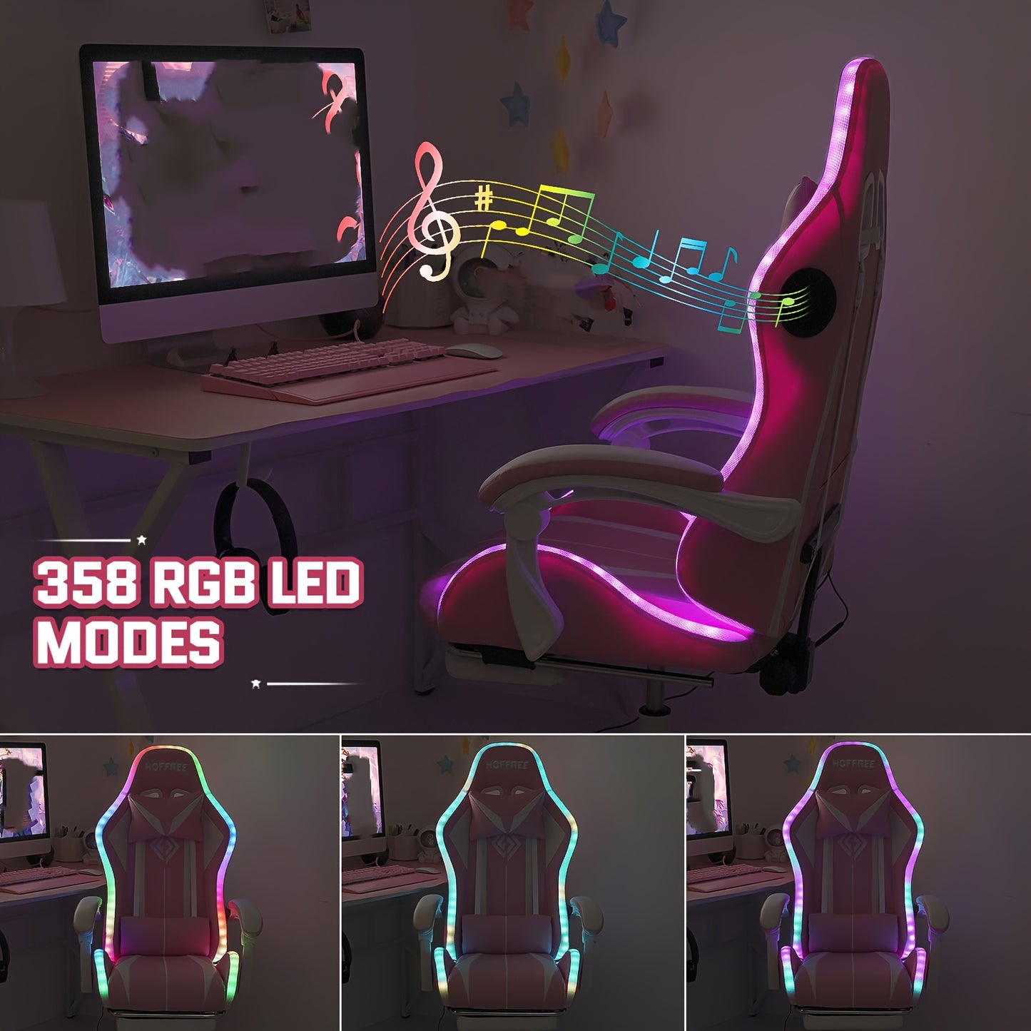 LED Gaming Chair With Wireless Speakers And Massage Big And Tall Video Game Chair For 397lbs With Footrest Reclining High Back Computer Desk Chair