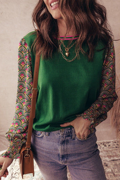 Apricot Floral Patchwork Shirred Cuff Puff Sleeve Sweater