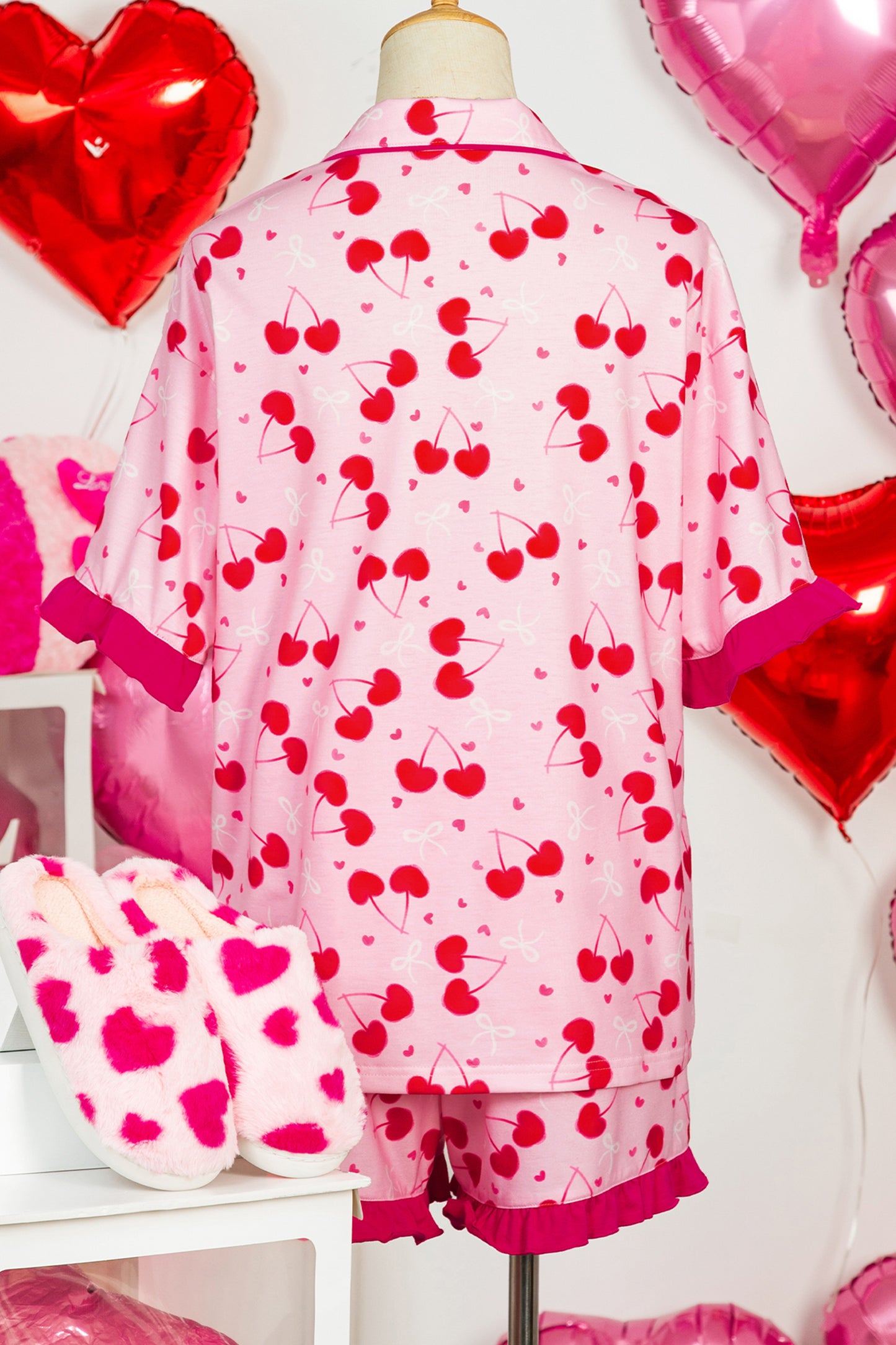 Rose Cherry Bow Mixed Print Scalloped Edge Short Pajama Set