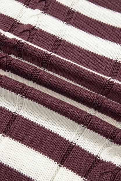 Brown Stripe Ribbed Knit Cable Detail Short Sleeve Sweater