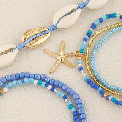 6pcs Set Unisex Glass Bead Anklets with Faux Shell & Starfish Pendants, Random Size & Quantity, Simple Vacation Style, Summer Beach Foot Jewelry for Daily & Holiday Wear