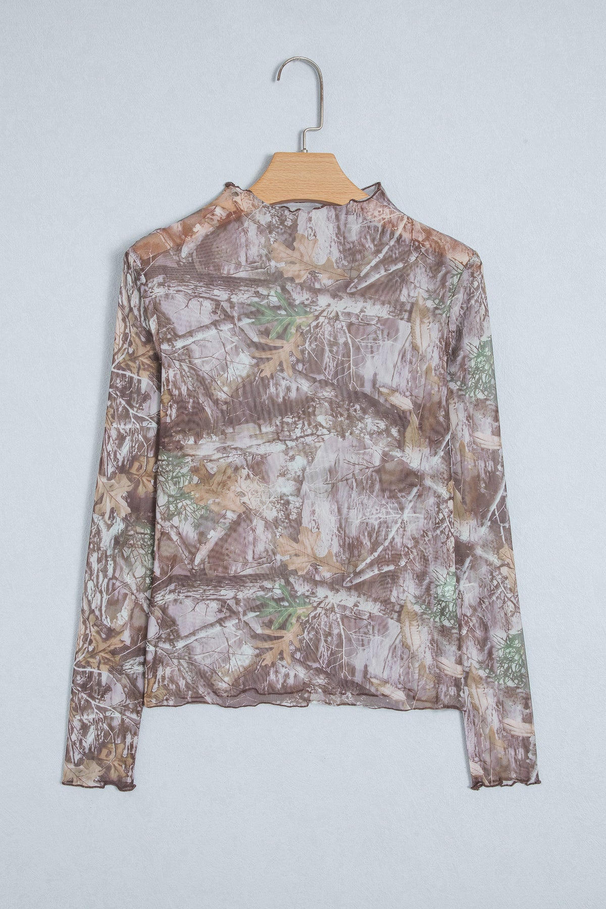 Smoke Gray Floral Print Slim Fit Mesh Long Sleeve Mock Neck Top