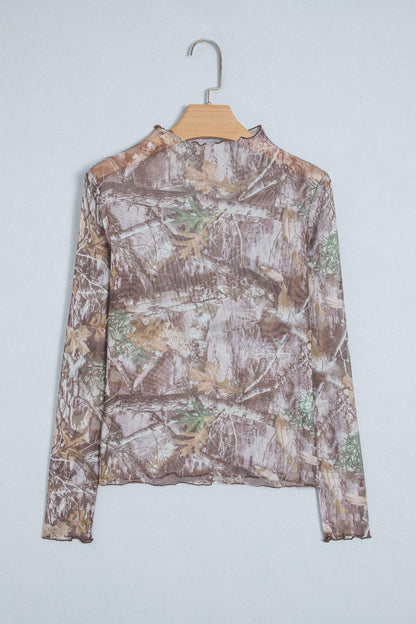 Smoke Gray Floral Print Slim Fit Mesh Long Sleeve Mock Neck Top