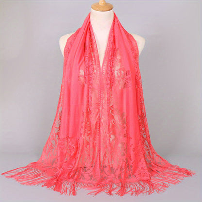 [Floral Lace Scarf With Tassels] Ladies Women's Floral Lace Scarf Shawl With Tassels, Soft Mesh Fringe Wraps Bridal Shawl For Wedding Evening Party Dresses