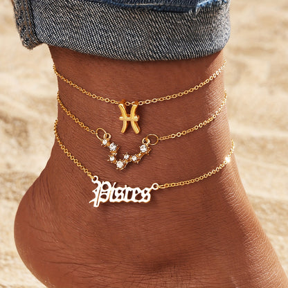 3 Pieces/ Set Golden Zodiac Anklets Set, Bohemian Elegant Ladies Multi-Piece Chain, Fashion Astrological Sign Charms For Women