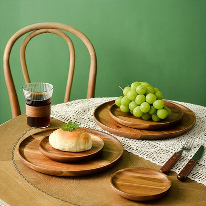 1pc Acacia Wood Plate, Round Wooden Serving Tray For Snacks, Fruits, Desserts, Rustic Dinnerware, Kitchen And Dining Accessories, Table Decors