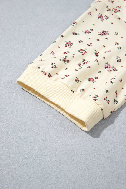 Beige Floral Print Colorblock Cuffs Hem Plus Size Blouse