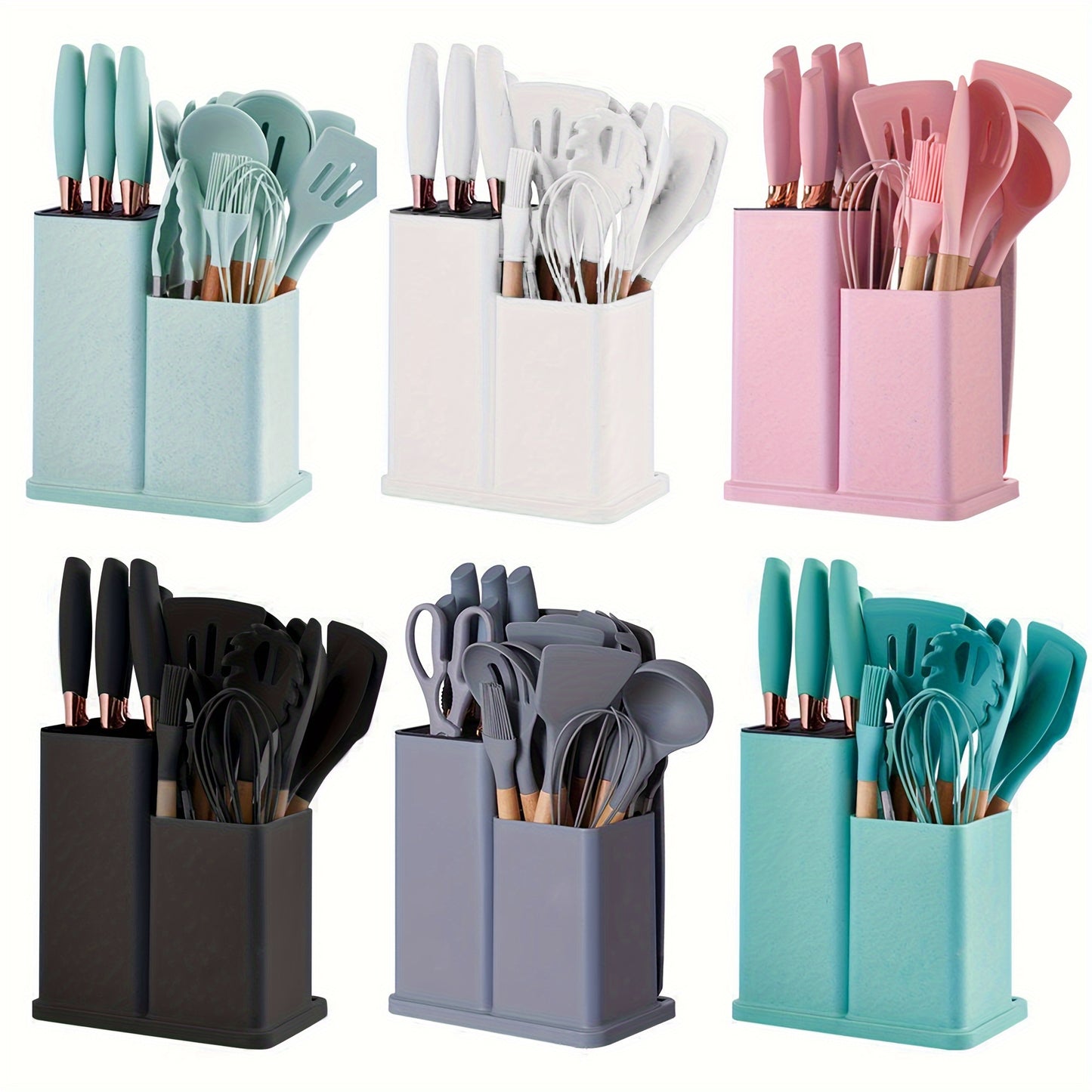 19-Piece Premium Heat-Resistant Silicone Kitchen Utensil Set With Wooden Handles, Chef Knifes, Non-Stick Friendly Cooking Tools, and Bamboo Storage Bucket