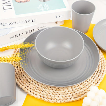 48pcs Gray Straw Dinnerware, Plates And Bowls Set, Camping Dish Set For 12, Plastic Dinnerware Set, Dishwasher Safe Gray Dinnerware Set, Unbreakable Plates, Camper Dish Sets, Reusable Tableware