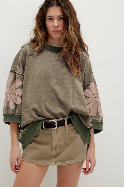 Breen Mineral Wash Raw Seam Patchwork Flower Patched 3/4 Sleeve Oversize Top