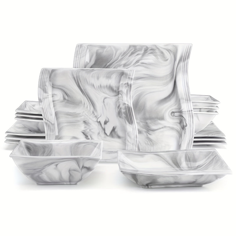 16pcs Luxurious Marble Grey Dinnerware Set - Chip-Resistant Porcelain Plates & Bowls - Complete Square Tableware Service for 4 - Ideal for Home, Restaurants & Hotels