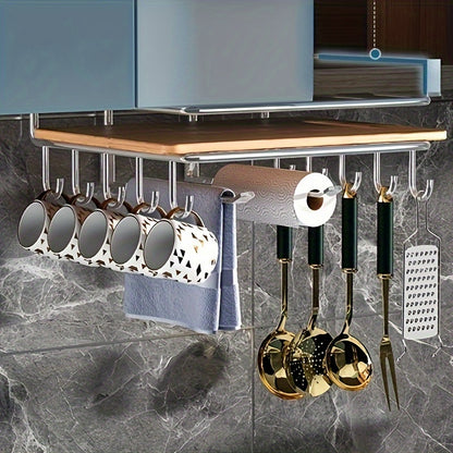 Stainless Steel No-Drill Kitchen Storage Rack for Hanging Under Cabinets, with a Board Holder, Paper Towel Holder, And Pot Lid Organizer