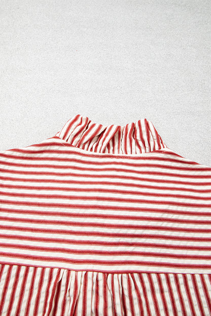 Red Stripe Textured Ruffle Trim Button-Up Long Sleeve Shirt