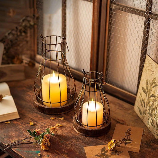 2pcs/set Wooden Decorative Lanterns, Farmhouse Home Decor, Rustic Candle Holders Ornament, Decorative Lanterns For Candle, Living Room Kitchen Dining Coffee Table Fireplace Mantle Outdoor Decor, Christmas Decor